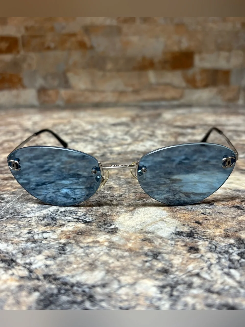 CHANEL 4003 C.103/72 Rimless Silver Blue Lens Titanium Frame Sunglasses